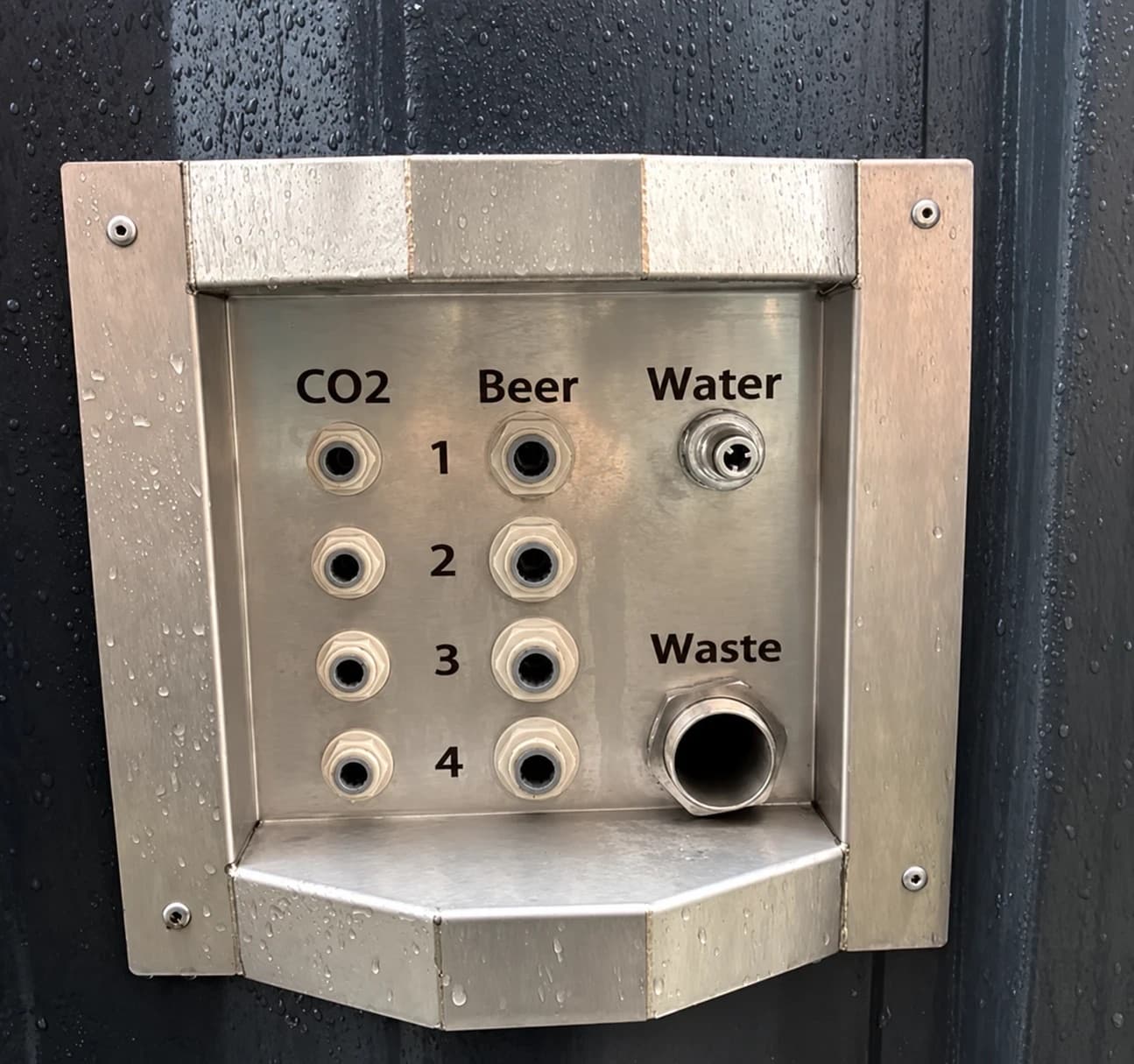 De herder: aansluitplaat met genummerde aansluitingen voor CO2 en bier 1 t/m 4, water en afvoer